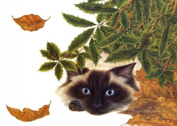 動物 Painting - 猫と葉っぱ